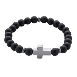 LUCKMAN Pulsera Hombre de Cruz con Piedra Protectora Jade Negro y Acero Inoxidable Color Plata, estilo Brazalete – Joyería y Accesorios para Hombre, Regalos para Hombre Originales y Regalos para Papá, Modelo Ezra