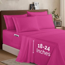 Elegant Comfort 1500 Premium Quality 6-Piece Bed Sheet Set - 18-24 Inch Extra Deep Pocket, Smart Storage Pockets, Wrinkle Free Ultra Soft 6PC Extra Deep Pocket Sheets, King, Pink