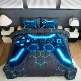akkialla Gaming Twin Size Bedding Set for Kids Boys Girls and Teens,Game Controller Comforter Set(2 Pieces) Down Alternative Comforter for All Seasons,Gamer Home Decor(Blue,Twin)