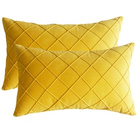 Lutanky Velvet Cushion Covers (Pack of 2) Elegant Rectangle Throw Pillow Cases Checked Design Soft Pillow Covers for Sofa Bedroom Home Decoration12x20 Inch 30 x 50 cm Dark Yellow