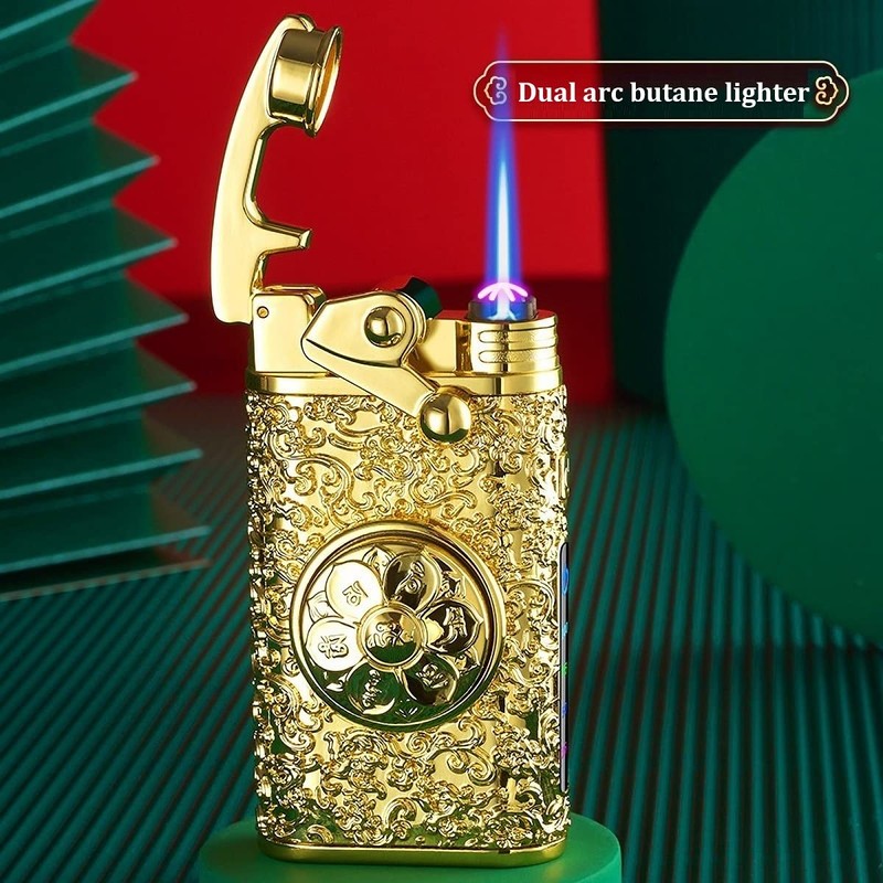Golden Vintage Dual Arc Plasma Jet Flame Torch Lighter -