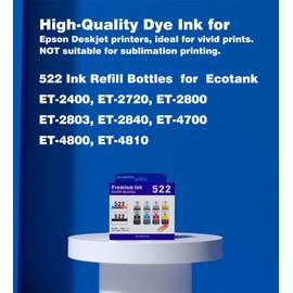 522 Ink Bottles ET 2800 ET-4800 ET-2803 ET 2400 Replacement for Epson 522 Ink Refill Bottles for Ecotank 2800 4800 ET-2720 ET-2840 ET2400 ET2800 ET4800 ET-4700 ET-4810 2400 Printer (Not Subli Ink)