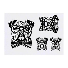 4 x 'Bulldog With Bow Tie' Temporary Tattoos - Water Resistant, Skin-Safe, Non-Toxic Transfers, Mixed Sizes (TO00075430)