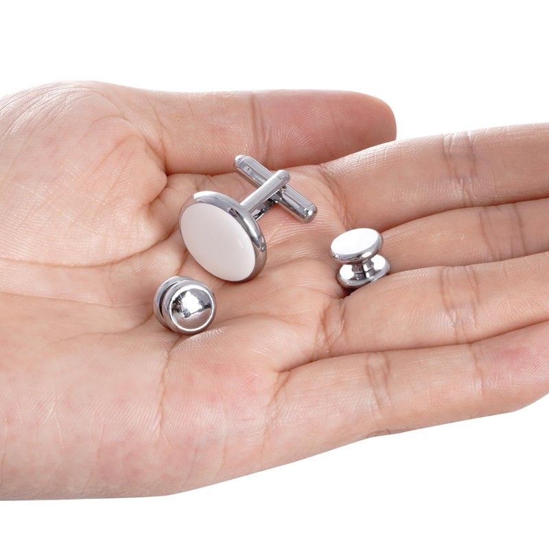 White Silver Tuxedo Studs and Cufflinks Set, Mens Cufflinks and