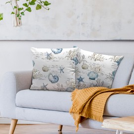 Nvotell Coastal Beach Pillow Covers 18x18, Beachy Room Decor Aesthetic, Retro Ocean Coral Seashell Starfish Nautical Decorative Throw Pillows Case for Home Room Office Decor, Set of 2