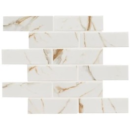 2x6 White and Gold Brownish Calacatta Vintage Look Matte Porcelain Mosaic Wall Tile for Bathroom Walls, Kitchen Backsplashes, Artistic Insets, Accent Wall (Box of 15 Sheets)