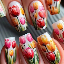 MERVF Square Press on Nails Medium Fake Nails Flower Colorful Squoval Glue ons Acrylic False Nails with Tulip Design 24pcs Glossy
