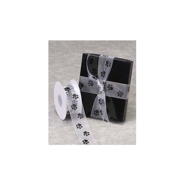 Sheer White Organza Ribbon with Black Paw Prints 1 1/2" X 25 Yds Spool