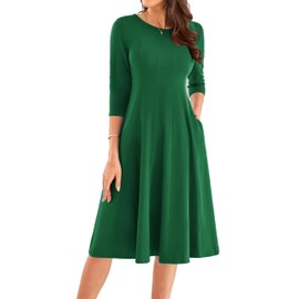 GRACE KARIN 3/4 Sleeve Dresses for Women 2024 Fall A Line Casual Loose Swing Cotton Pleated Tshirt Midi Dress with Pockets M