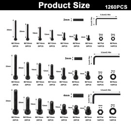 1260 Pieces M2 M3 M4 Screws Set, Cylinder Screws with Allen Screws Nuts Set, Machine Screws with Nuts Set, Black Threaded Screws Set with Washers Set Assortment