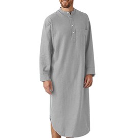 Mens Nightshirts Long Gown Nightgown Long Sleeve Sleepwear Cotton Henley Shirts Plain Kaftan Thobe Loungewear Comfort Sleep Shirts Night Shirts Muslim Thobe