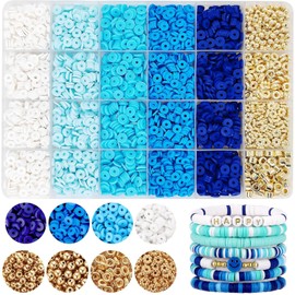 Blue Clay Bead Bracelet Kit,Heishi Beads Polymer Clay Beads, Flat Clay Beads and Gold Spacer Beads, Flat Round Disc Clay Beads for Jewelry Making (6mm)