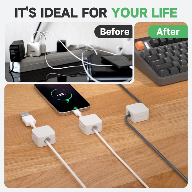 6 White Magnetic Cable Clips,Under Desk Cable Management,Cord Holder for