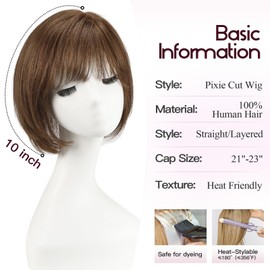EMMOR Human Hair Toppers for Women Short Bob Real Hair Toppers with Bangs Side Part Hair Pieces for Women with Thin Hair 10" Hair Extension with 6.5" × 6.5" Larger Base Human Wig Toppers(Brown)