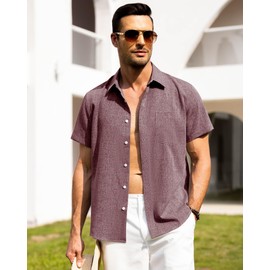 Alimens & Gentle Mens Linen Shirts Short Sleeve Button Down Shirts Wrinkle Free Casual Vacation Beach Summer Tops,Wine Red,L