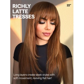 GORGIUS Brown Wig with Bangs, Long Straight Hair Layer Wig, Realistic True Scaple Glueless Bang Wig Upgraded with Style-Archive Premium Synthetic Fiber