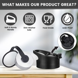 lexlion 2 Water Bottle Lids W/Handle — Flip-Flop Lid & Stainless Steel Lid — Leak Proof & Insulated Gym Bottles Flip Lids for Wide Mouth Bottle — Compatible w/most Sports Water Bottle from 12-64 Oz