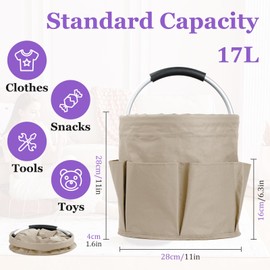 IHOMAGIC 17L Multifunctional Cleaning Caddy in 600D Oxford Fabric, Foldable Cleaning Supply Caddy with Comfortable Handle, Tool Bag with 6 Side Pockets for Camping, Gardening, Khaki