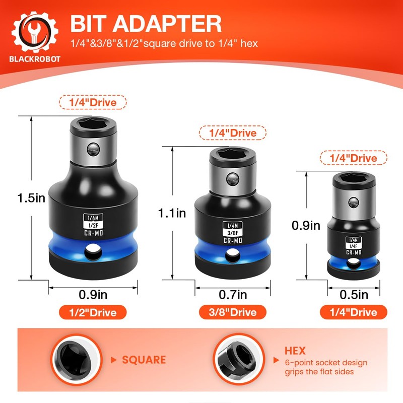 BLACKROBOT 3PCS Impact Bit Holders 1/2 3/8 1/4-Inch Square Drive