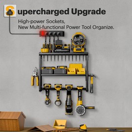 Spampur Power Tool Organizer Wall Mount with Charging Station, 4/6/8 Slots for Cordless Drill, Tool Storage with 4 Outlet Power Strip, Drill Bit Heavy Duty Rack, 3 Layers Garage Shelving for Workshop