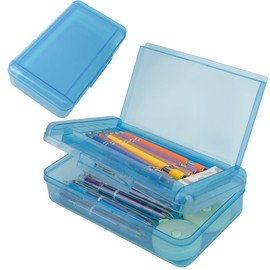 Pencil Case Box, Navy Blue Double Layer Large Capacity Plastic Pencil Boxs, Hard Pen Case with Snap-tight Lid,Storage Art Craft Box Marker Organizer for Kids Boys Girls Offices Back to School Supplies
