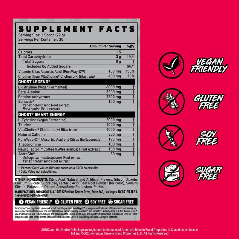 GHOST Legend Pre Workout Powder, Sonic Cherry Limeade - 30
