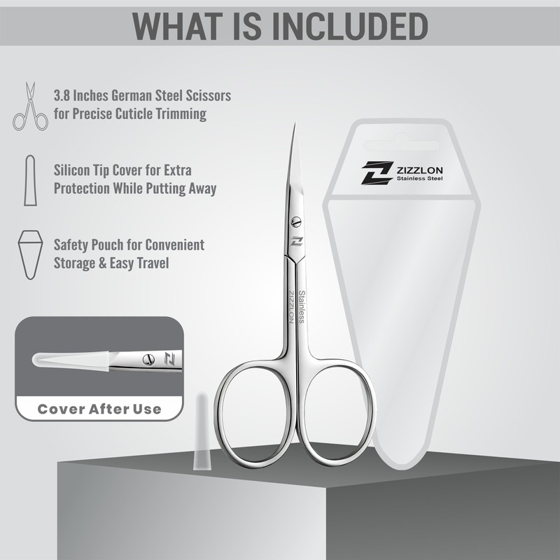 ZIZZLON Cuticle Scissors Extra Fine Curved Stainless Steel Eyebrow Scissors,