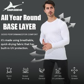 SURUIDA Long Sleeve Undershirt Compression Shirts&Pants for Men&Women,Quick Dry Sport Base Layer Athletic Workout T Shirts for Adult White