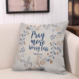 Husandy Throw Pillow Covers Pray More Worry Less Floral Wreath Bible Quote Christian Verse Faith Style Pillow Case 18x18 Inch Cushion Cover for Home Party Decor, HUS-AN-DY011