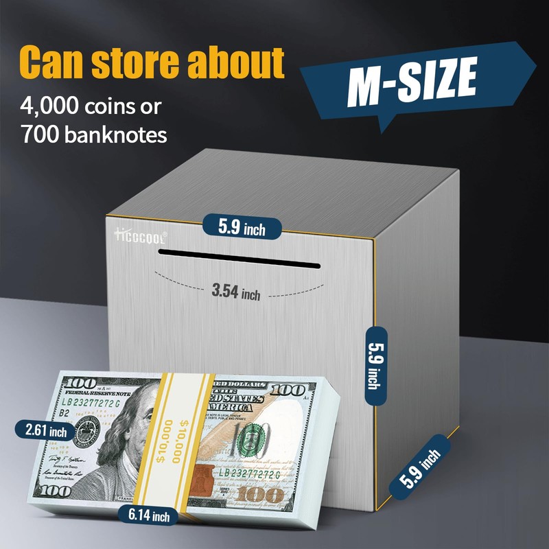 500万円 貯まる|正方形 ステンレス製の貯金箱|大容量メタルバ|ンクまずは500万円貯められる|15x15x15cm，シルバー