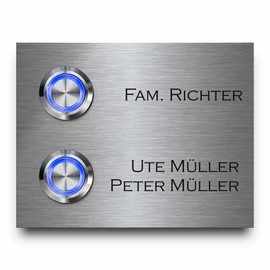 Double Stainless Steel with Engraving - Bell Model Twin from 9 x 7 cm and Two Premium LED Bell Push Buttons, Bell Signs Optional with Acrylic Glass Plates, Bell Plate for Multi-Family House