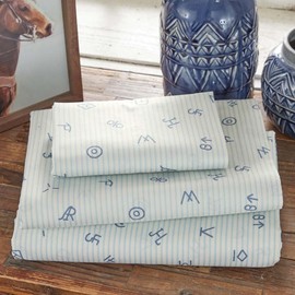 Rods - Cattle Brands (Sheet Set) - Ticking Stripe - Chambray Blue - 4 Piece Queen Sheet Set - Top Sheet (92x102) - Fitted Sheet (60x80x15) - 2 Standard Pillow Cases (20x30) – Cotton