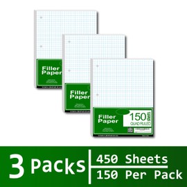 AUKSales Loose Leaf Paper, Quad Ruled Filler Paper | 450 Sheets, 150 Sheets in each case | 3-Hole Punched, 10-1/2’’ x 8’’ Perfect for Notetaking | Case Pack of 3