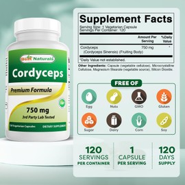 Best Naturals Cordyceps Sinensis Mycelium Mushroom Powder 750 mg 120 Veggie Capsules