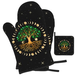 Black Oven Mitts and Pot Holders Sets of 3 Heat Resistant Hot Pads Ancient Life Tree Decorative Oven Gloves for Cooking Grilling Baking Kitchen Moon Luna Hippy Decor