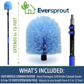 EVERSPROUT 5-to-12 Foot Cobweb Duster and Extension-Pole Combo (20 Foot Reach, Soft Bristles) | Hand Packaged | Lightweight, 3-Stage Aluminum Pole | Indoor & Outdoor Use Brush Attachment