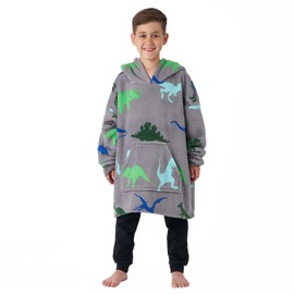 Dreamscene Dinosaur Print Hoodie Blanket Oversized Wearable Kids Childrens Soft Warm Super soft Sherpa Throw, One Size - Grey Green Blue
