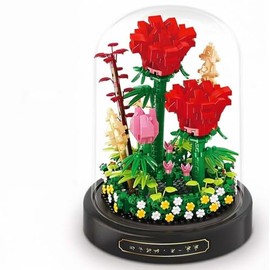 QLT QIAOLETONG Juego de Mini Bloques de construcción de Rosas Rojas, con cúpula y Base a Prueba de Polvo, Regalo para niñas a Partir de 6 años y Adultos (593 Unidades)