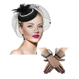 Geyoga 20s 50s Tea Party Hat and Gloves Set Fascinator Hat for Women Funeral Pillbox Cocktail Headband with Veil(Black)