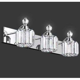 Danshinro Modern Crystal Bathroom Vanity Lights, 3-Lights Bathroom Light Fixtures Over Mirror, 42pcs Crystal Sheet, Chrome Vanity Lights for Bathroom