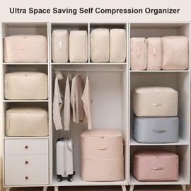 Compressing Bag, Space-Saving Self-Compressing Organiser, Movable Organiser Bags, Large Storage Bag for Duvets, Clothes Storage (Pink, XL 54 x 42 x 60 cm)