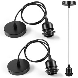 Sevenpers Metal Pendant Light Fittings Ceilings, E27 Lamp Holder Modern Style Black Light Fittings with Ground Wire and Lock Ring for Lampshade,90cm Cable 2 Pack