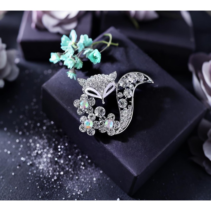 Crystal Rhinestone Fox Brooch Pin, Silver Tone with Aurora Borealis