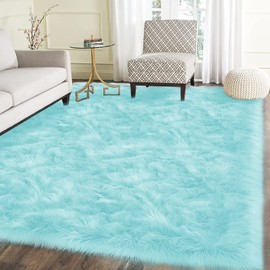 Latepis Big Rugs for Bedroom Teal 6.7x10 Area Rug Light Blue Faux Sheepskin Fur Rug Washable Soft Fluffy Rugs for Living Room Sofa Floor Luxury Home Decor