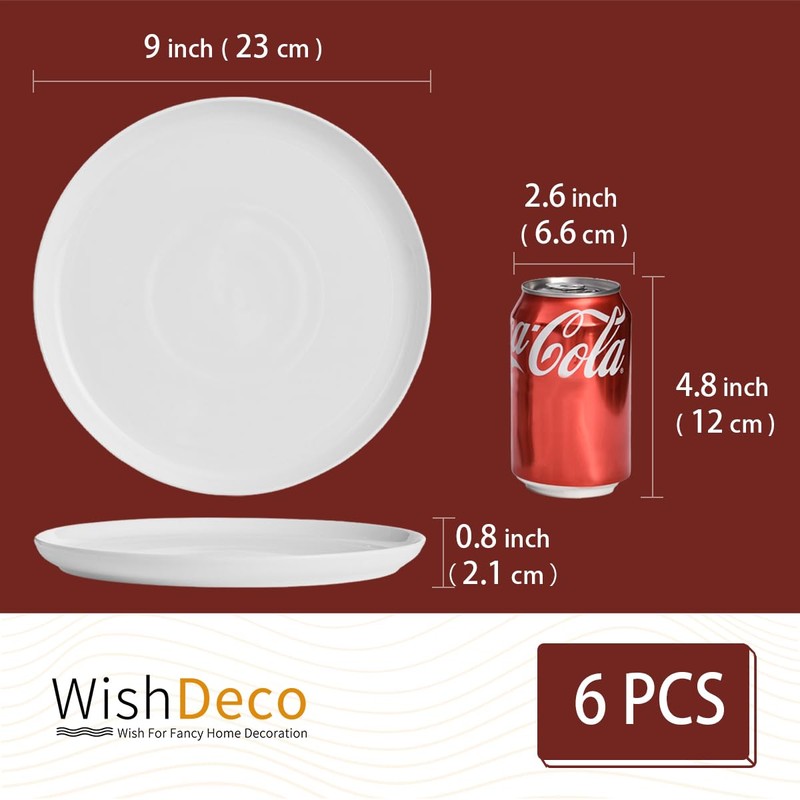 WishDeco White Dinner Plates Set of 6, Porcelain Salad Plates