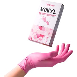 OriStout Disposable Gloves for Women, Pink Vinyl Gloves Disposable Latex Free for Cooking, Food Prep, Cleaning, Hair Dye, Tattoo, Medium Duty, Touch Screen, Small, 50 Pack