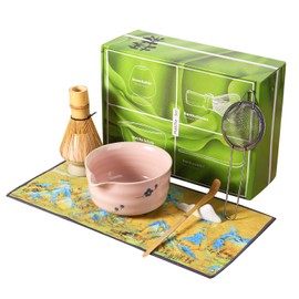 meemooron Matcha Whisk Starter Set 7 in 1 Bamboo Matcha Tea kit Scoop Chasen,Stainless Steel Sifter,Bowl with Eagle Beak Design (PINK with FLOWER)