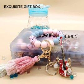 XSBQBC Women Silicone Keychain Bracelet Beaded Wristlet Key Ring Pink Bangle