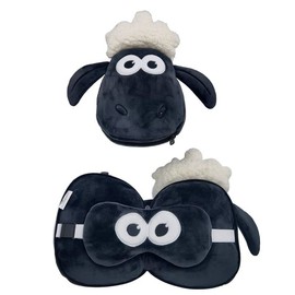 Relaxeazzz Chewy Neck Pillow with Eye Mask, Shaun the Sheep Cute Plush Toy, Integrated Eye Mask, for Travel, Airplanes, Car, Sleep, Children, Gift, Authentic Japan Product