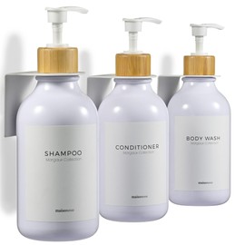 MaisoNovo Shampoo and Conditioner Dispenser - Shower Soap Dispenser Wall Mounted - 16.9 fl oz Set of 3 White Plastic Bottles Bamboo Pump - 3 Chamber No Drill